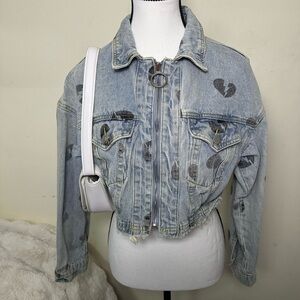 Heart Patterned Cropped Denim Jacket